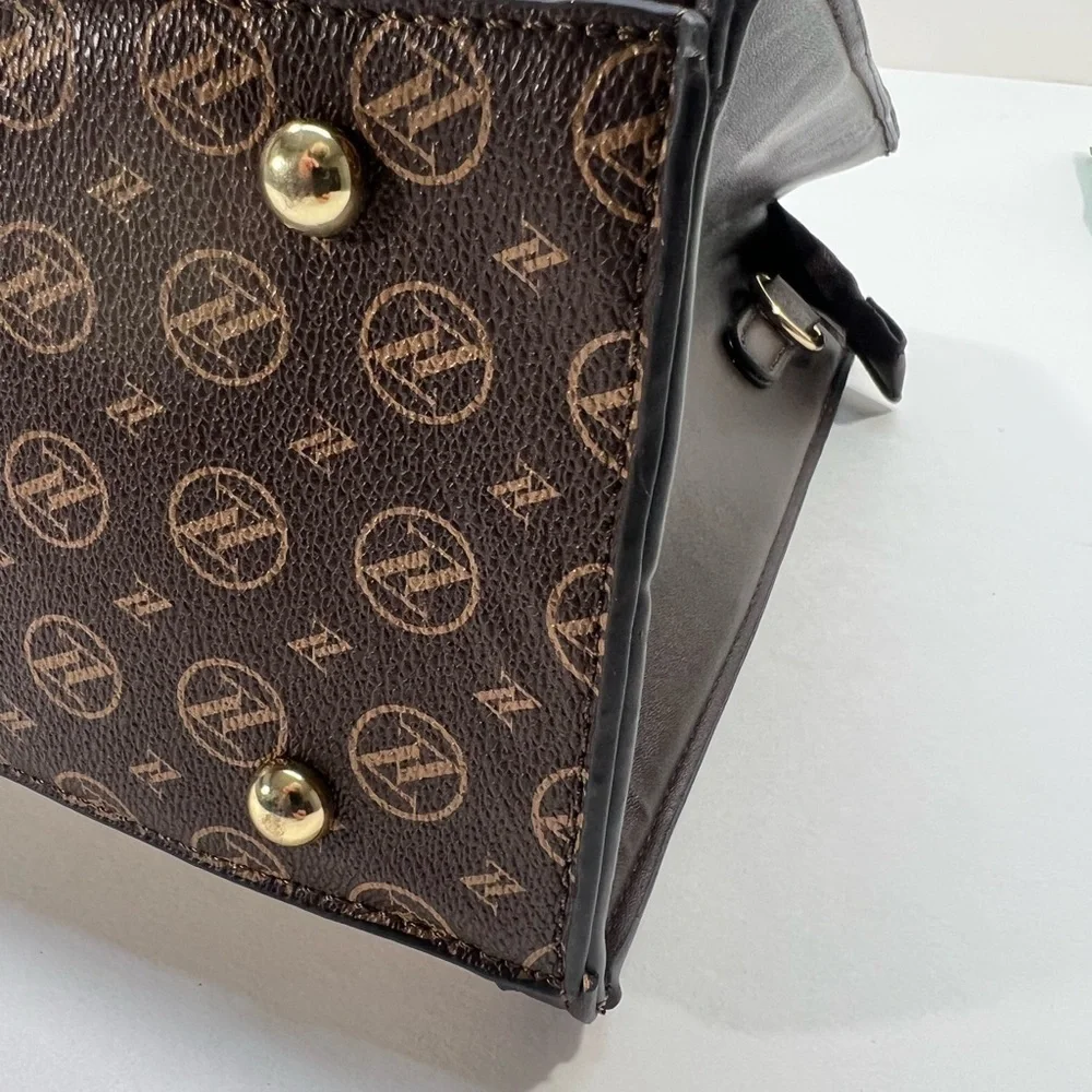 Adrienne Vittadini Brown Vegan Leather and Cream Linen Medium  Handbag